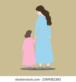 A heart-warming and elegant minimalist illustration of mother and daughter holding hands.