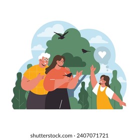 Heartwarming Family Moment. Young woman and elderly man stands with a joyful child, celebrating the bonds of a foster family amidst a green. Unity and love evident. Flat vector.