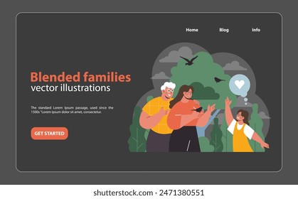 Heartwarming Family Moment. Young woman and elderly man stands with a joyful child, celebrating the bonds of a foster family amidst a green. Unity and love evident. Flat vector.