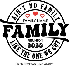 Heartwarming 'Family Reunion 2025' design with red heart icons and customizable family name. Perfect for family gatherings, reunion merchandise, celebration posters, and event branding.