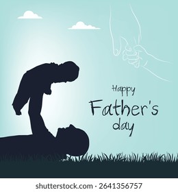 Heartwarming Father's Day illustration with a father lifting his child in a silhouette style and holding hands drawing above.