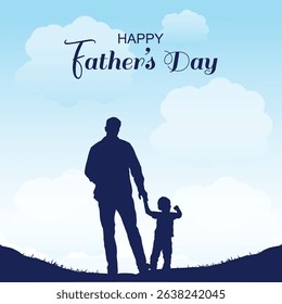 A heartwarming Father's Day vector illustration showing a father and child holding hands in silhouette against a serene blue sky background. Perfect for Father's Day greeting cards, posters, and celeb