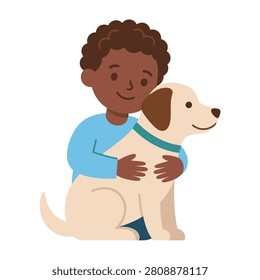 A heartwarming flat character design of a young African American boy embracing his loyal pet dog. This friendly scene represents childhood friendship and love.