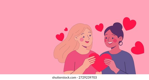 Una animación de diseño plano conmovedor de una pareja lesbiana diversa sonriendo el uno al otro mientras sostiene un Grande corazón rojo. Rodeado de corazones flotantes sobre un fondo rosa, este representa el amor LGBTQ +, las relaciones románticas, el Día de San Valentín y la inclusión.