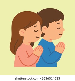A heartwarming flat style digital illustration of a boy and a girl praying side by side.