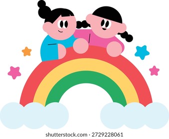 Heartwarming flat vector illustration of two little girls smiling and leaning over a bright colorful rainbow surrounded by stars and clouds, conveying themes of friendship, dreams, magic, and childhood happiness in a minimal modern style for creative design and nursery decor.