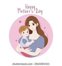 Heartwarming flat-style illustration of a mother holding her child in a loving embrace, celebrating Mother's Day with soft pastel tones and a circular design.