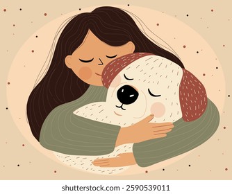 Heartwarming hand-drawn illustration of a joyful girl hugging her beloved dog, radiating warmth and affection.