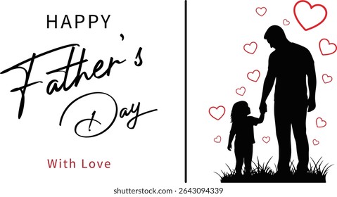 Heartwarming Happy Father's Day Poster with Father and Daughter Silhouette and Red Love Hearts Vector Illustration for Greeting and Celebration

