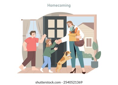 Escena de regreso a casa reconfortante como una familia con alegría saluda a un profesional médico que regresa a casa con comestibles. Ilustración vectorial.