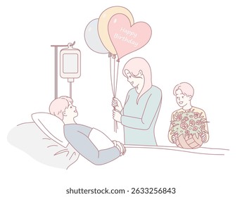 In a heartwarming hospital scene, joyous visitors bring happiness with cheerful balloons and beautiful flowers
