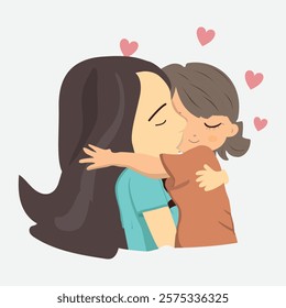 Heartwarming Hug: Mother and Daughter Embrace. A tender moment captured in a cute cartoon illustration, showing a loving mother and daughter sharing a warm, affectionate hug surrounded by hearts