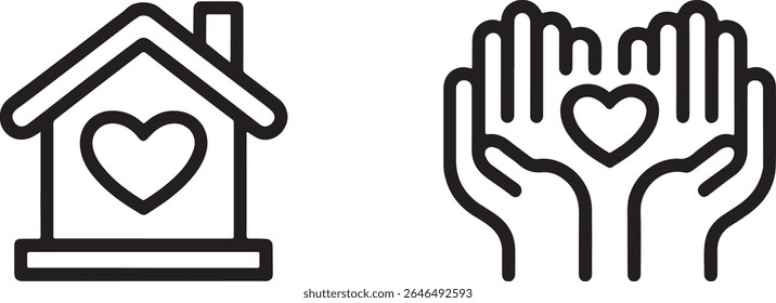Heartwarming Icons of Home and Care Love in a House and Heart Held in Caring Hands Symbolizing Support