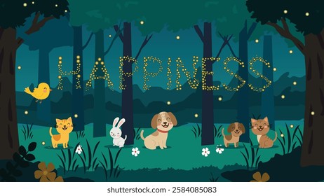 A heartwarming illustration of animals and a glowing "Happiness" sign in a peaceful forest, symbolizing the joy and tranquility found in nature.