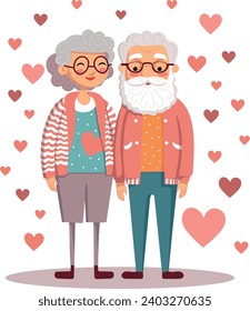 A heartwarming illustration of an elderly couple surrounded by floating hearts, depicting enduring love