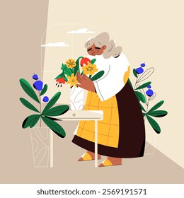 Heartwarming illustration of an elderly woman arranging vibrant flowers in a vase. Perfect for celebrating love, nature, and cherished moments with family