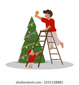 Uma ilustração emocionante de uma família decorando uma árvore de Natal. O pai sobe uma escada para colocar uma estrela no topo da árvore, enquanto a mãe e duas crianças assistem com alegria. Perfeito para férias