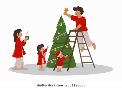 Uma ilustração emocionante de uma família decorando uma árvore de Natal. O pai sobe uma escada para colocar uma estrela no topo da árvore, enquanto a mãe e duas crianças assistem com alegria. Perfeito para férias