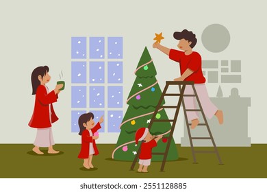 Uma ilustração emocionante de uma família decorando uma árvore de Natal. O pai sobe uma escada para colocar uma estrela no topo da árvore, enquanto a mãe e duas crianças assistem com alegria. Perfeito para férias