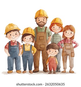 A heartwarming illustration of a family dressed in work clothes, likely construction workers, with yellow hard hats. The family is depicted in a friendly pose, with a focus on their expressions.