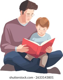 A heartwarming illustration of a father reading a book to his son. This touching Father’s Day image shows love, learning, and quality time. Perfect for parenting blogs, holiday greeting cards.