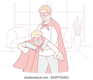 A heartwarming illustration of a father and son dressed as superheroes, showcasing their playful bond.