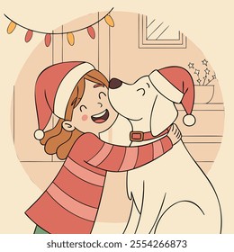 Heartwarming Illustration of a Girl and Her Cute Dog Sharing a Hug in a Festive Christmas Setting, Perfect for Holiday Cards and Seasonal Decorations