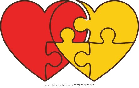 A heartwarming illustration of interconnected puzzle pieces forming two hearts, symbolizing unity, love, and mental health awareness.