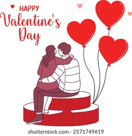 A heartwarming illustration of a loving couple embracing, seated on a red tiered platform.