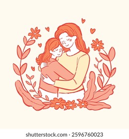 A heartwarming illustration of a mother embracing her daughter, expressing deep love and care, surrounded by delicate flowers.