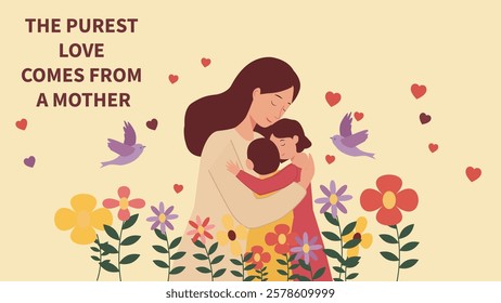 Heartwarming illustration for Mother's Day featuring a mother embracing her child, surrounded by flowers and birds, symbolizing the pure, unconditional love between them