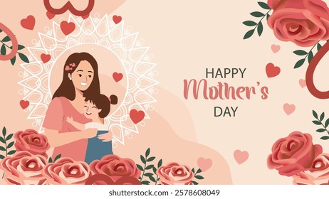 Heartwarming illustration for Mother's Day showing a mother hugging her child, surrounded by roses and hearts, symbolizing the deep love and bond between a mother and her child