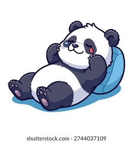 A heartwarming illustration of a panda bear sitting on a blue bean bag chair with a sad expression