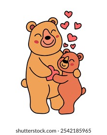 Uma ilustração emocionante de um urso parente e filho compartilhando um abraço amoroso, cercado por corações, simbolizando o amor e o afeto da família.