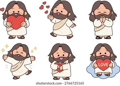 A heartwarming illustration set featuring Jesus expressing love and blessings through various poses such as praying, waving, hugging hearts, and standing on clouds. Ideal for Christian, religious, and inspirational themes.