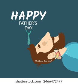 A heartwarming illustration shows a father peacefully sleeping with a contented smile, as his daughter gently whispers "My world's best dad" into his ear, celebrating the love and bond on Father's Day