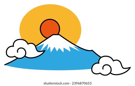 Heartwarming illustration of sunrise and Japanese-style fuzzy clouds of Mt. Fuji seen from the Shizuoka Prefecture side of Japan. Vector.