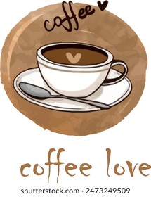 "Conmovedora ilustración que expresa bellamente el amor por el café. Esta obra de arte dibujada a mano cuenta con una taza humeante de café rodeada de Elementos que evocan pasión y afecto 