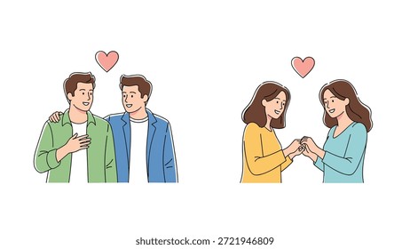Ilustração emocionante de dois casais do mesmo sexo mostrando afeto e amor com corações flutuando acima de suas cabeças.