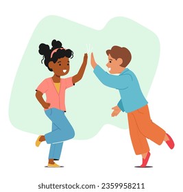 Heartwarming Image Of African And Caucasian Children Happily Giving Each Other High Fives, Symbolizing The Power Of Unity, Inclusivity, And Friendship Across Different Cultures. Vector Illustration