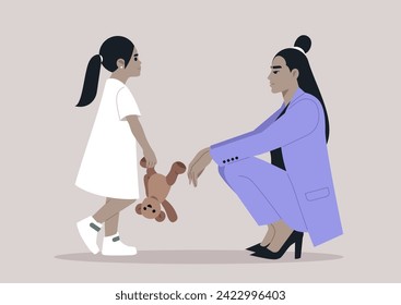 Heartwarming image captures a young girl in a white dress and a business woman in a lavender suit sharing a stuffed bear, showcasing a silent, tender connection between them