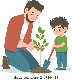 A heartwarming image depicting the bond between father and son as they plant a tree together, symbolizing hope and commitment to Earth Day and environmental protection