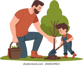 Una Imagen conmovedora que representa el vínculo entre padre e hijo mientras plantan un árbol juntos, simbolizando la esperanza y el compromiso con el Día de la Tierra y la protección del medio ambiente