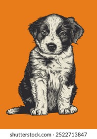 A heartwarming image of a playful black and white puppy sitting against a vibrant orange background.