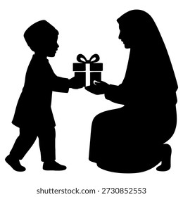 Una Imagen conmovedora de un niño pequeño que presenta un regalo bellamente envuelto a una madre sentada. La madre está sonriendo cálidamente mientras recibe el regalo, capturando un momento de amor y aprecio entre ellos. El estilo de la silueta enfatiza la conexión emocional y la simplicidad del acto.