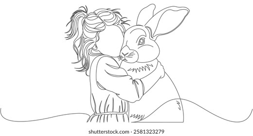 Heartwarming Line Art of a Child Hugging a Rabbit