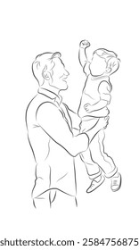 A heartwarming line art illustration of a father lifting his child joyfully. This minimalist drawing captures the bond between parent and child, symbolizing love, care, and happiness