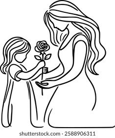 A heartwarming line art illustration of a mother and daughter exchanging a rose.