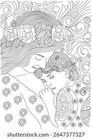 Heartwarming line art of a mother and child with floral details, ideal for adult and kids coloring books, evoking love and connection.