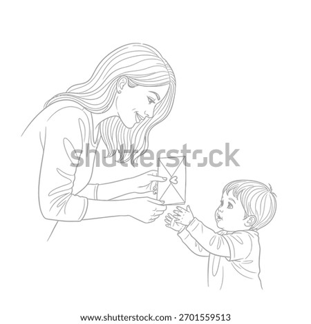 A heartwarming line drawing capturing a tender moment between a mother and her child.